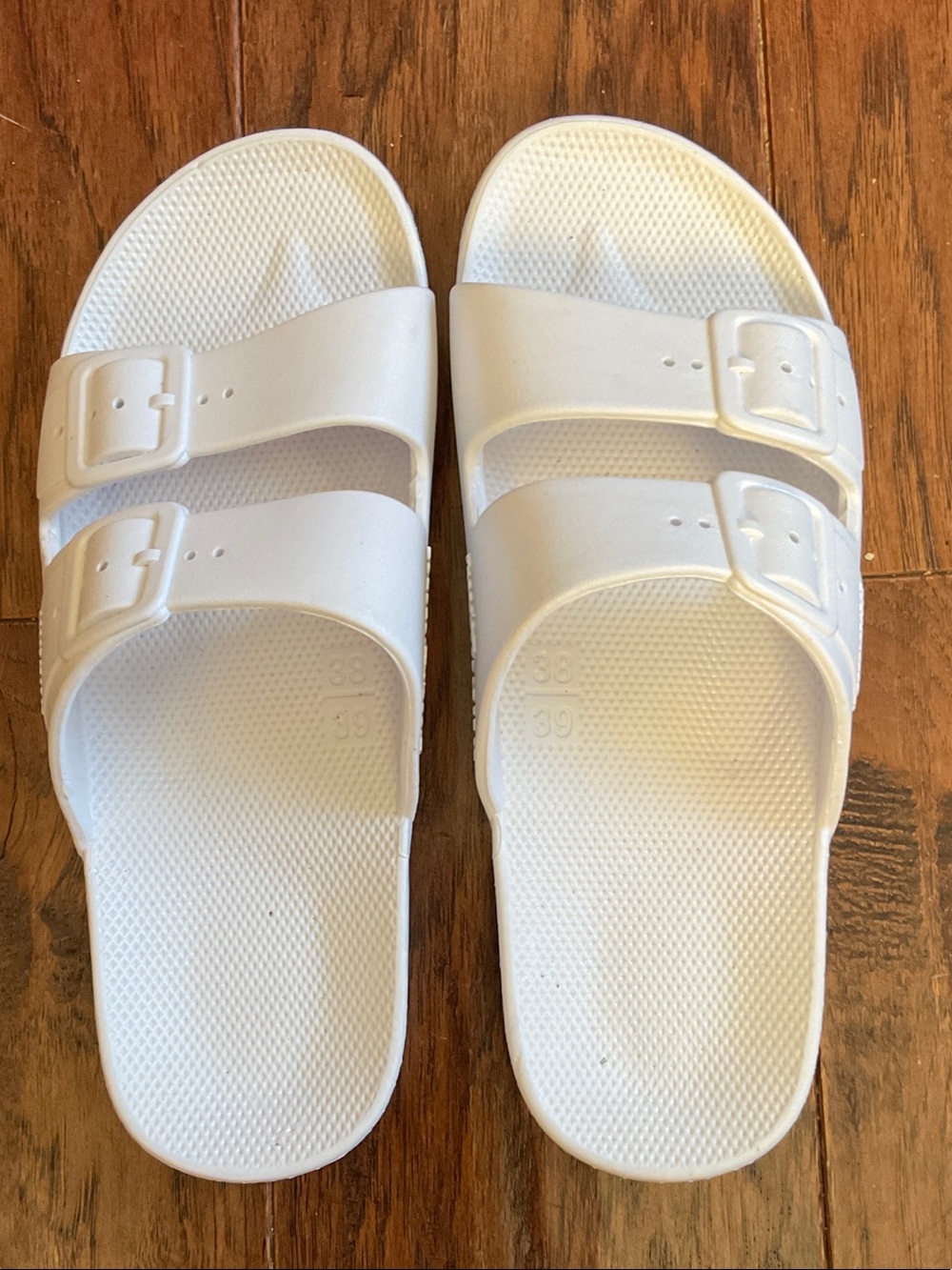 Women's White Double-Buckle Wedge Slide Sandals